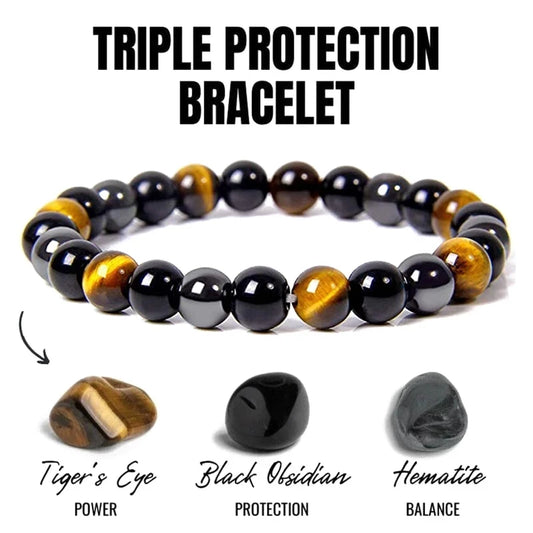 Natural Black Obsidian, Hematite & Tiger Eye Bead Bracelet – Magnetic Protection Jewelry for Men & Women