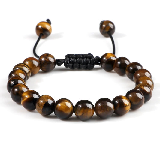 8mm Tiger Eye Stone Beads Bracelet – Adjustable Braided Rope & Lava Rock Healing Bangle