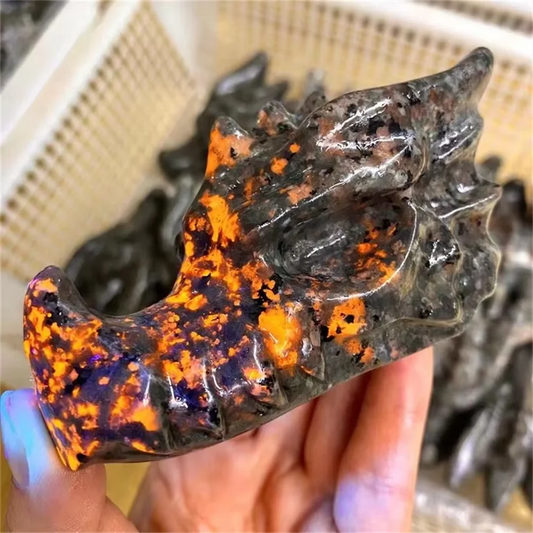 Natural Yooperlite Dragon Head Carving – Fluorescent Flame Stone Energy Specimen