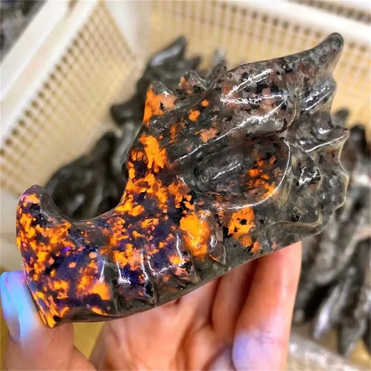Natural Yooperlite Dragon Head Carving – Fluorescent Flame Stone Energy Specimen