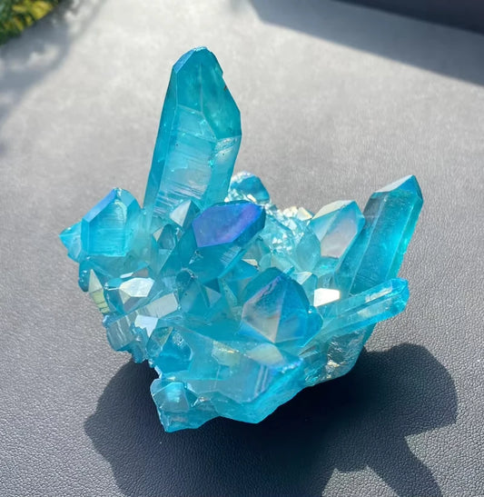 Sky Blue Electroplated Quartz Cluster – Titanium Coated Natural Crystal Specimen for Healing & Decor