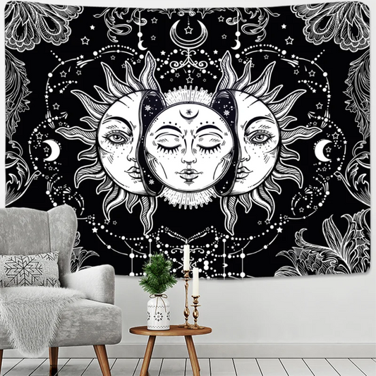 Black & White Sun and Moon Mandala Tapestry – Wall Hanging for Tarot, Dorm & Hippie Decor