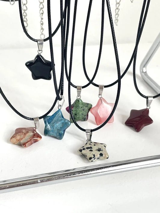 Trendy Natural Stone Hexagon & Star Pendant Necklace – Rose Quartz, Opal, Fluorite, Lapis & More