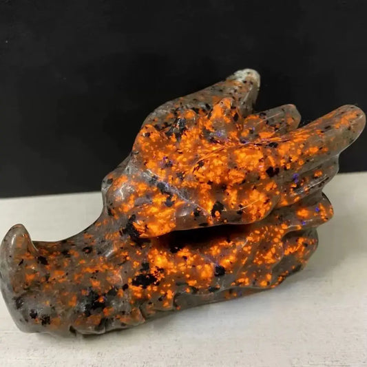 Natural Yooperlite Dragon Head Carving – Fluorescent Flame Stone Energy Specimen