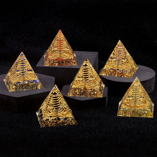 Natural Crystal Energy Generator Pyramid – Peridot & Gold Sandstone Reiki Healing Decor (6x6cm)
