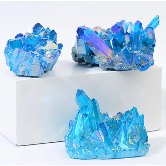 Sky Blue Electroplated Quartz Cluster – Titanium Coated Natural Crystal Specimen for Healing & Decor