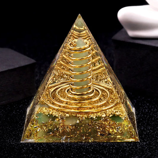 Natural Crystal Energy Generator Pyramid – Peridot & Gold Sandstone Reiki Healing Decor (6x6cm)