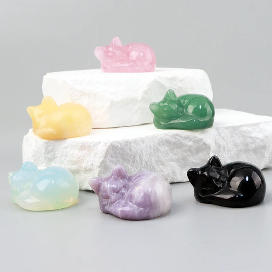 Carved Crystal Cat Figurine – Rose Quartz & Jade Sleeping Kitten for Chakra Healing & Home Decor