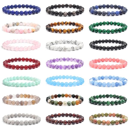 Natural Stone Beads Bracelet – Amethyst, Quartz, Aquamarine, Jade & Agate Elastic Bangle for Men & Women
