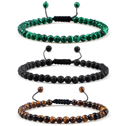 Adjustable Mini Natural Stone Beaded Bracelet – Lava & Tiger Eye Chakra Charm Jewelry for Men & Women