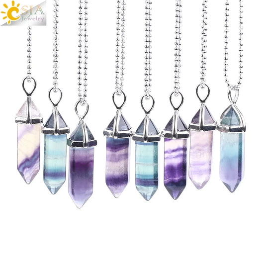 CSJA Fluorite Crystal Necklace – Hexagonal Natural Gemstone Pendant for Women & Reiki Healing
