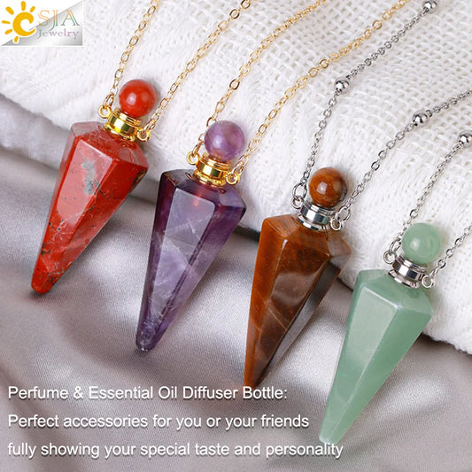 Natural Stone Cone Perfume Bottle Necklace – Clear Quartz Crystal Pendant & Essential Oil Diffuse