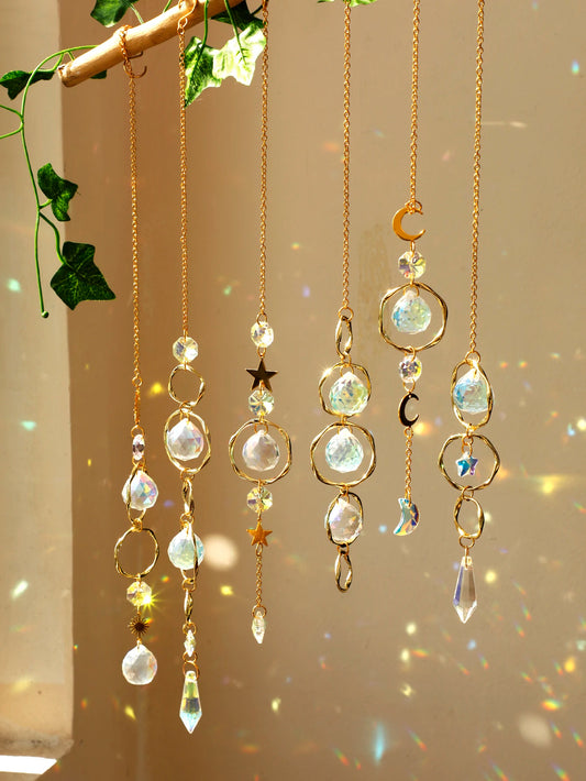 Boho Crystal Sun Catcher – Handmade Hanging Ornament with Gold Chain for Window, Wall, or Garden Decor