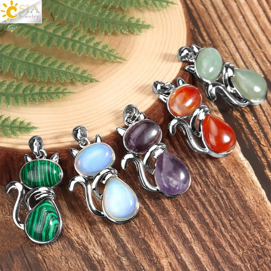 Natural Stone Cat Pendant – Cute Crystal Suspension Necklace for Girls