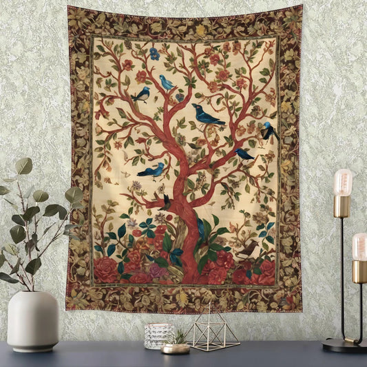 Retro Flower and Bird Tree Tapestry – Abstract Art Witchcraft Hippie Wall Hanging
