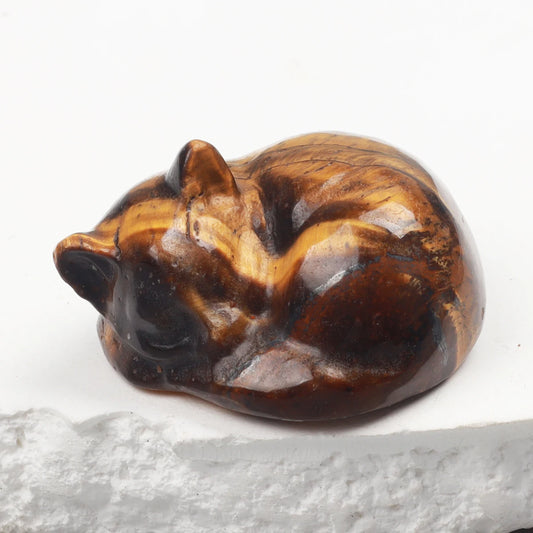 Carved Crystal Cat Figurine – Rose Quartz & Jade Sleeping Kitten for Chakra Healing & Home Decor