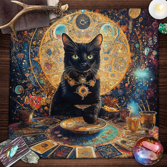 Colorful Mandala Black Cat Tarot Tablecloth – Witchcraft Altar Cloth for Tarot, Moon Magic & Home Deco