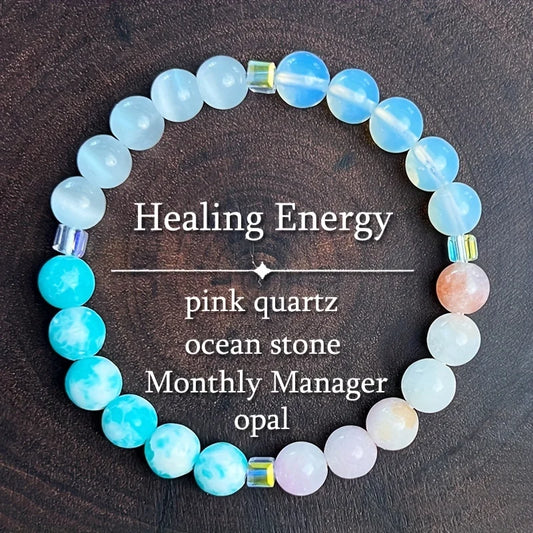 Women's Healing Energy Bracelet with Natural Stones: Opal, Ocean Stone, Pink Quartz, Moonstone