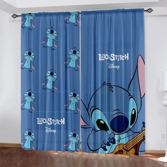 2Pcs Blue Stitch Cartoon Curtains
