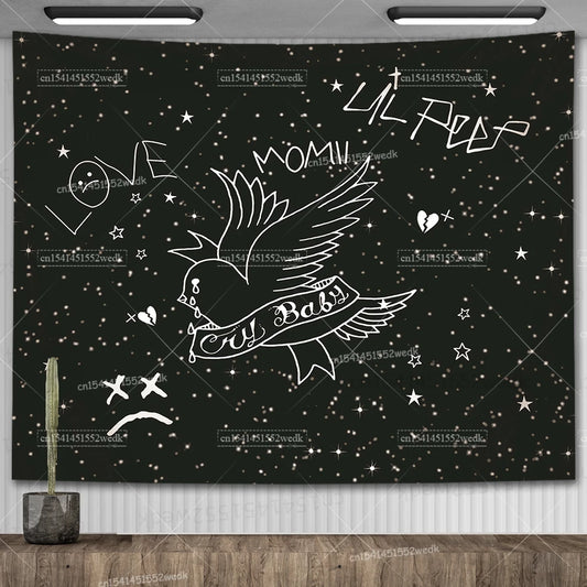 Lil Peep "Look At The Sky" Tapestry – Black Aesthetic Wall Hanging for Hippie & Witchy Room Decor