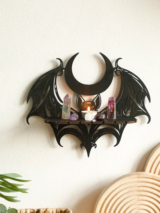 Black Halloween Wooden Wall Shelf – Gothic Bat & Moon Hollow Pattern Floating Shelf
