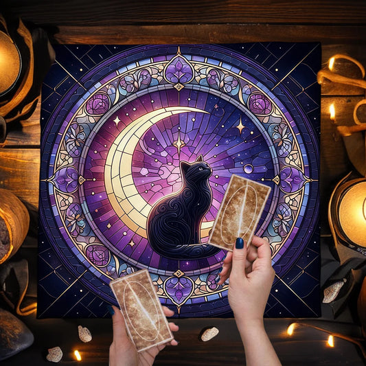 Mystical Tarot Card Tablecloth – Witchcraft Cat Altar Cloth with Moon & Pentagram