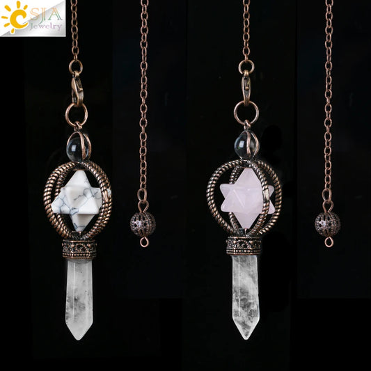 CSJA Esotericism Crystal Pendulum – Merkaba Clear Quartz Pendant for Dowsing &amp; Divination