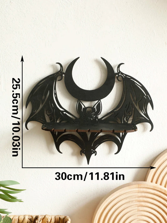 Black Halloween Wooden Wall Shelf – Gothic Bat & Moon Hollow Pattern Floating Shelf