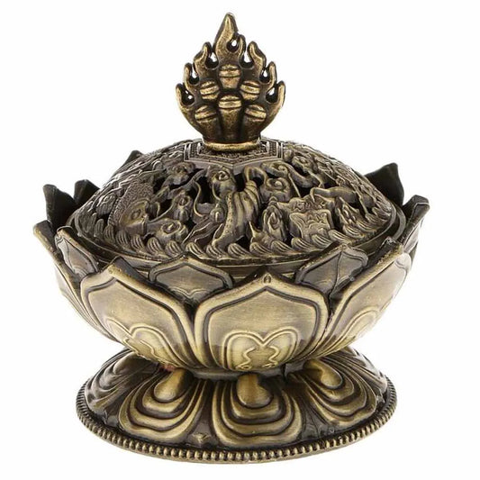Chinese Buddha Flower Incense Burner – Handmade Alloy Censer for Home & Office Decoration