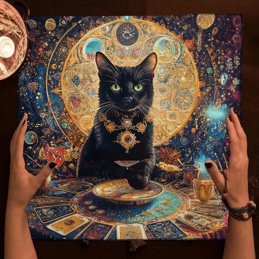 Colorful Mandala Black Cat Tarot Tablecloth – Witchcraft Altar Cloth with Moon & Star Design for Divination