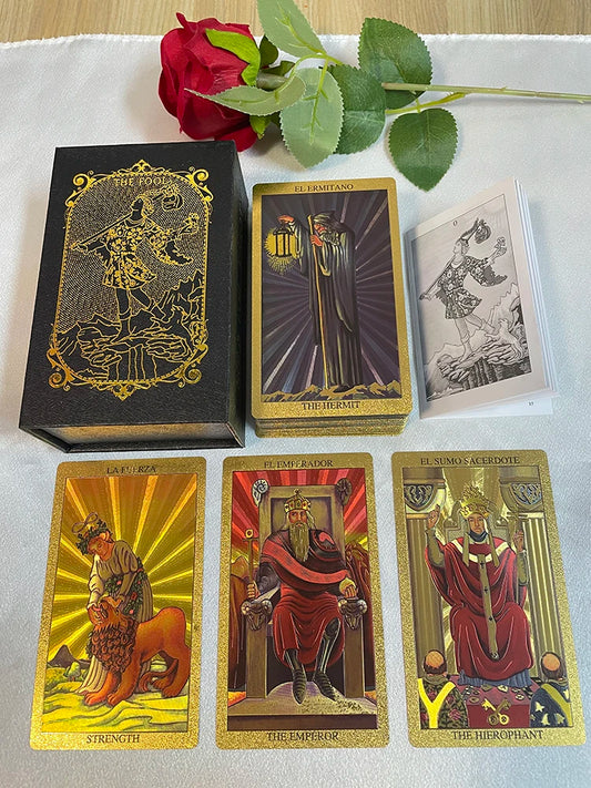 Spanish Gold Foil Tarot Cards in Box – 78-Card Divination Deck with Bilingual Guidebook