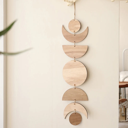 Wooden Moon Phase Wall Hanging – Boho Garland for Home, Nursery & Ramadan Decoration
