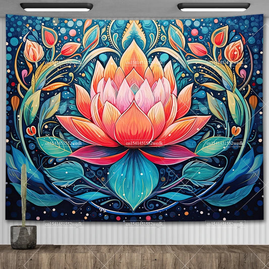 Boho Lotus Flower Wall Hanging Tapestry – Colorful Floral Landscape for Room Decor & Yoga Altar Cloth