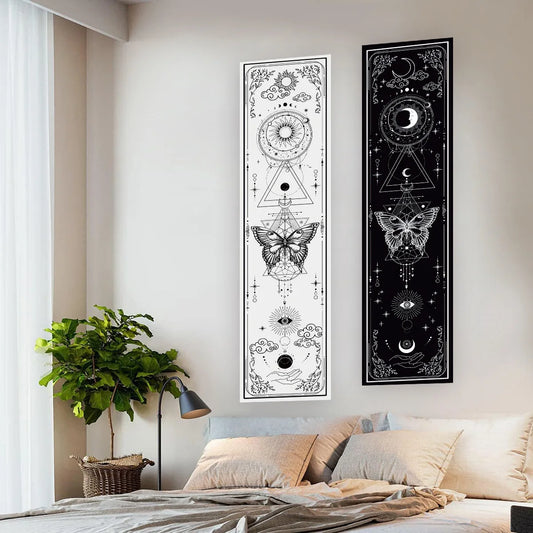 Gothic Witchy Sun & Moon Tapestry – Black & White Butterfly Wall Hanging for Aesthetic Home Decor