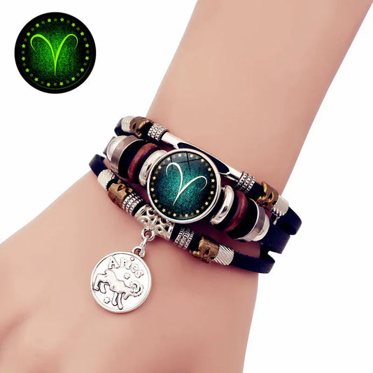 Starry Sky Zodiac Luminous Leather Bracelet – Multi-Layer Beaded Wrap for Men &amp; Women