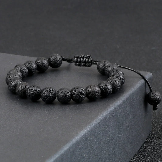 8mm Tiger Eye Stone Beads Bracelet – Adjustable Braided Rope & Lava Rock Healing Bangle