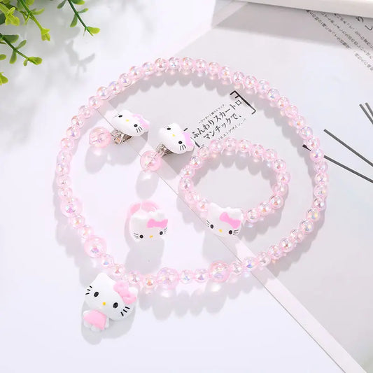 4pcs/Set Cartoon Sanrio Kawaii Hello Kitty Necklace, Hairclips & Ring Set