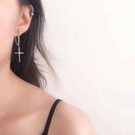 2 Pcs Punk Silver Color Cross Drop Earrings