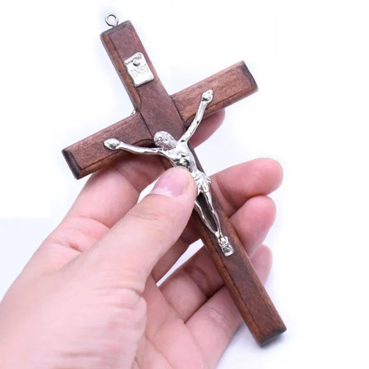 1PC Handmade Wooden Cross – Christ Statue Pendant with Praying Hands Design