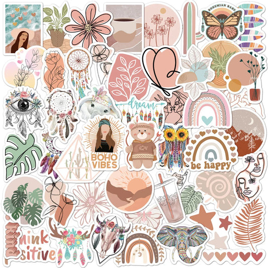 10/30/50pcs Cute Bohemian Art Style Stickers – Boho Aesthetic Decals for Phone, Water Bottle & Notebook Decoration