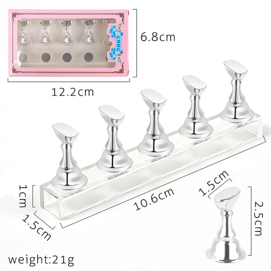 5pcs Nail Holder False Nail Tip Practice Stand – Crystal Base Magnetic Nail Art Display