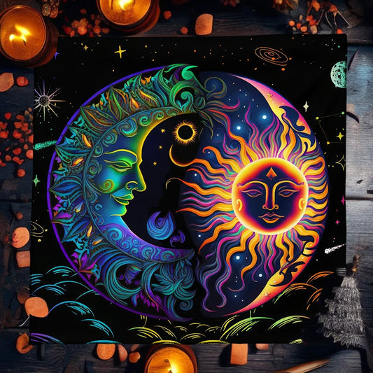 Mystical Colorful Sun & Moon Tarot Tablecloth – Astrological Altar Cloth for Divination & Witchcraft Decor