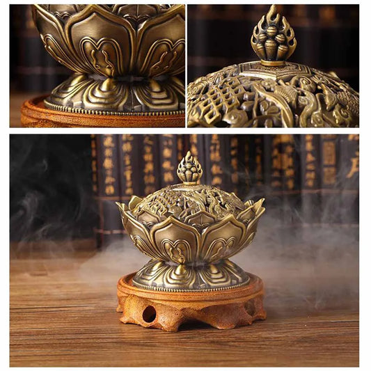 Chinese Buddha Flower Incense Burner – Handmade Alloy Censer for Home & Office Decoration