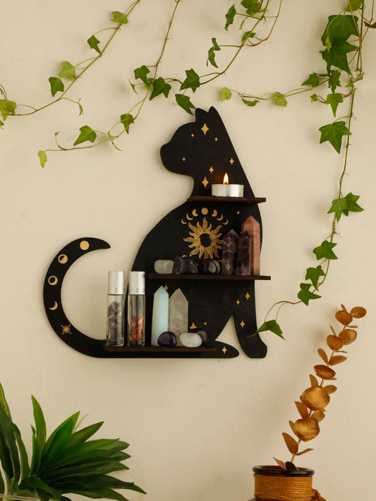Black Cat Wooden Shelf – Moon Phase Floating Shelf & Chakra Crystal Holder