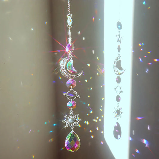Crystal Moon & Sun Catcher Wind Chime – Rainbow Prism Pendant for Home & Garden Decor