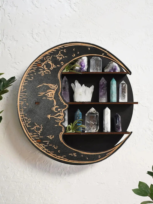 3-Tier Black Moon Round Wooden Storage Rack – Crystal & Essential Oil Display Shelf