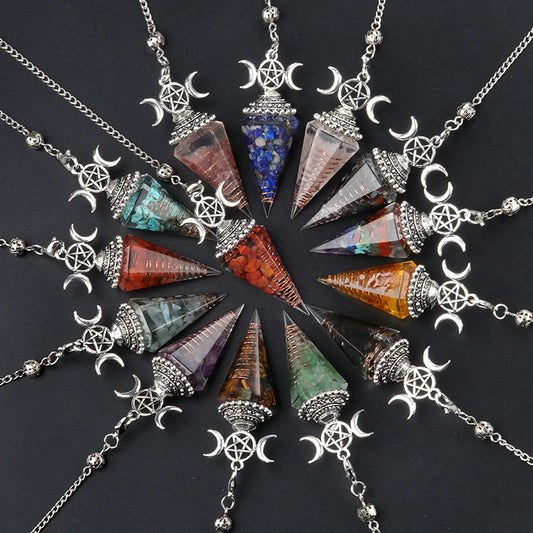 Natural Stone Hexagon Cone Pendulum Pendant Seven Chakra Resin Healing Energy Reiki For Jewelry Making Accessories Necklaces