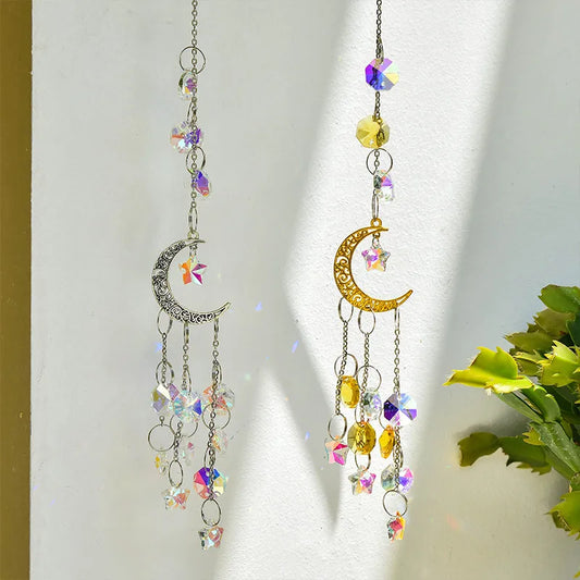 Moon Pentagram Crystal Sun Catcher – Silver/Gold Hanging Pendant for Window & Garden Decor