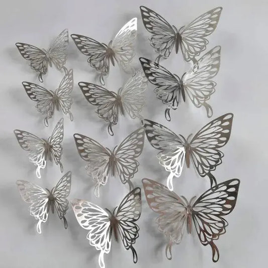 12Pcs 3D Silver Hollow Butterfly Stickers – Elegant Metal-Style Wall & Party Decor Set