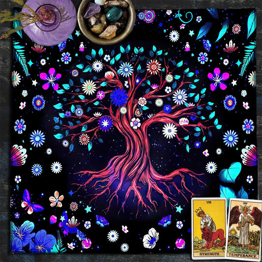 Mysterious Green Tree of Life Tarot Tablecloth – Wicca Altar Cloth for Tarot & Oracle Readings